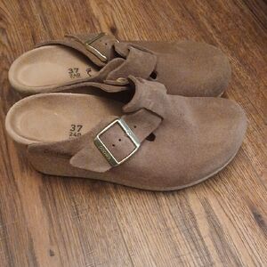 Birkenstock Brown Suede Clogs with Gold Accent